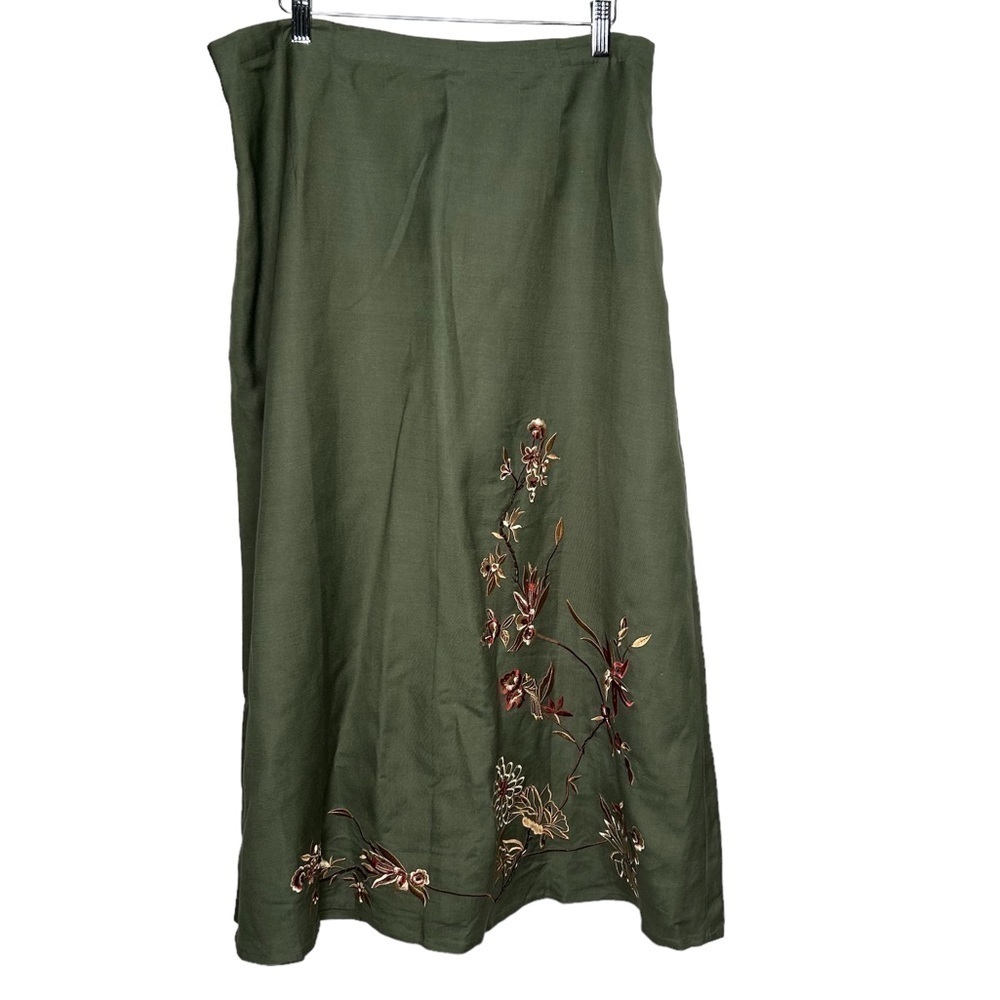 New Dialogue Women’s Linen Blend Long Skirt 1X Green Fall Embroidered